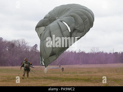 Un U.S. Paracadutista esercito terre su Preston nella zona di caduta durante una multi-nazionale airborne operazione su Fort Gordon, Ga., Venerdì, 4 marzo 2016. Lo scopo dell'operazione "Glück Ab' è favorire il tedesco e le relazioni degli Stati Uniti, sviluppare l'interoperabilità durante il corso di formazione e di fornire una base per le future operazioni in formazione e in ambienti reali. (U.S. Esercito foto di Spc. Rachel Diehm/rilasciato) Foto Stock