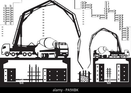 Pompa per calcestruzzo camion sul sito in costruzione - illustrazione vettoriale Illustrazione Vettoriale