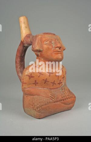 Bottiglia, figura seduta. Cultura: Moche. Dimensioni: H. 8 1/4 x W. 4 1/2 in. (21 x 11,4 cm). Data: 5-VII secolo. Museo: Metropolitan Museum of Art di New York, Stati Uniti d'America. Foto Stock