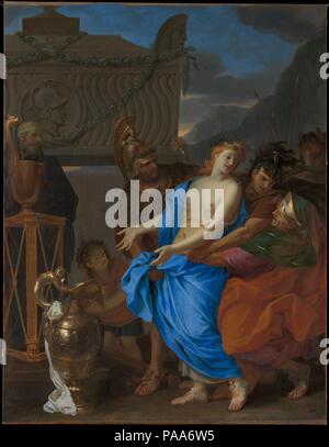 Il sacrificio di Polissena. Artista: Charles Le Brun (francese, Parigi Parigi 1619-1690). Dimensioni: 67 5/16 × 51 9/16 in. (171 × 131 cm). Data: 1647. Come narrato dal poeta romano Ovidio (43 A.C.-A.D. 17/18), compatibile con la Polissena è portato alla sua morte all'altare sacrificale per placare il fantasma dell' eroe Achille. Sua madre cerca di frenare il suo mentre il soldato neottolemo solleva la sua spada. Il neonato tenendo un petto di incenso e il sacerdote austero completare questo bellissimo e composizione coreografica, che fu dipinta l anno seguente Le Brun il ritorno da Roma dove aveva studiato wit Foto Stock