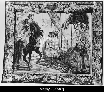 La riunione di Marcantonio e Cleopatra da un insieme della storia di Antonio e Cleopatra. Cultura: fiamminga di Bruxelles. Progettista: progettato da Justus van Egmont (fiammingo, Leiden 1601-1674 Anversa). Dimensioni: H 163 x W. 204 pollici (414 x 518.2 cm.). Autore: laboratorio di tessitura diretto da Geraert van der Strecken (Bruxelles, attivo 1647, morto 1677). Data: progettato ca. 1650, tessuti 1650-77. Questo pannello mostra il momento in cui Antony prima vede Cleopatra, chi è in sella a poppa di una chiatta, ventilata da giovani vestiti come amorini (come descritto da Plutarco). Cupido, appoggiata contro la vela della chiatta, aim Foto Stock