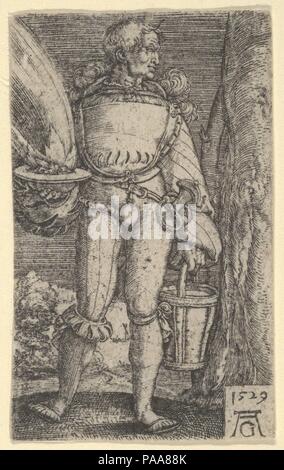 Foot-Soldier con Fire-Pan e benna. Artista: Heinrich Aldegrever (tedesco, Paderborn ca. 1502-1555/1561 Soest). Dimensioni: foglio: 2 1/2 × 1 9/16 in. (6,4 × 3,9 cm). Data: 1529. Museo: Metropolitan Museum of Art di New York, Stati Uniti d'America. Foto Stock