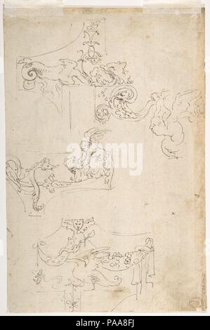 Foglio di figura studi, probabilmente dopo le antiche (recto); disegni ornamentali (verso). Artista: attribuito a Girolamo da Carpi (Girolamo Sellari) (Italiano, 1501-1556 Ferrara Ferrara). Dimensioni: 11-3/8 x 7-7/16 in. (28,9 x 18,9 cm). Data: 1501-56. Museo: Metropolitan Museum of Art di New York, Stati Uniti d'America. Foto Stock