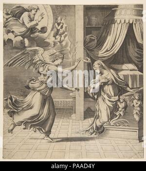 L'Annunciazione; l arcangelo Gabriele a sinistra in avvicinamento alla Vergine inginocchiato in preghiera alla destra di Dio Padre in alto a sinistra. Artista: Dopo Raphael (Raffaello Sanzio o Santi) (italiano, Urbino Roma 1483-1520); attribuita a Marco Dente (italiano, Ravenna, attivo dal 1515-morto 1527 Roma). Dimensioni: Foglio (rifilati): 11 3/8 × 10 1/4 in. (28,9 × 26,1 cm). Data: ca. 1515-27. Museo: Metropolitan Museum of Art di New York, Stati Uniti d'America. Foto Stock