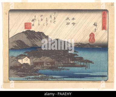 Sera pioggia a Karasaki Pino. Artista: progettato da Utagawa Hiroshige (giapponese, Tokyo (EDO) 1797-1858 Tokyo (EDO). Cultura: il Giappone. Dimensioni: H. 6 1/2 in. (16,5 cm); W. 9 1/16 in. (23 cm). Data: ca. 1857. Museo: Metropolitan Museum of Art di New York, Stati Uniti d'America. Foto Stock