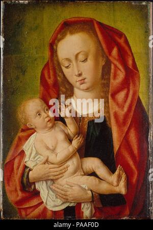 Vergine con Bambino e una libellula. Artista: Maestro di Saint Giles (Netherlandish e francese, active ca. 1500). Cultura: Netherlandish e francese. Dimensioni: 10 1/2 x 7 1/8 in. (26,6 x 18,2 cm). Data: ca. 1500. Fra i maestri eponimo del nord della pittura del Rinascimento è uno il cui nome deriva da due pannelli di notevole nella National Gallery di Londra, che rappresentano scene della vita di San Giles. Sebbene alcune caratteristiche stilistiche del suo lavoro, il più in particolare le modalità di rendering di luce e di texture, suggeriscono un Netherlandish sfondo per l'artista, il suo ruolo di siti di Parigi po Foto Stock