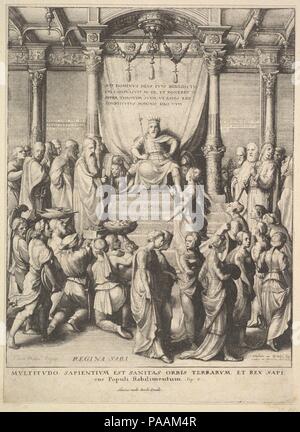 Salomone e la regina di Saba. Artista: Dopo Hans Holbein il Giovane (tedesco, Augsburg 1497/98-1543 Londra). Dimensioni: foglio: 9 13/16 × 7 3/16 in. (24,9 × 18,3 cm). Incisore: Wenceslaus Hollar (boemo, Praga 1607-1677 Londra). Editore: Hendrik van der Borcht II (Olandese, Frankenthal 1614- ca. 1690 Anversa). Data: 1642. Salomone si siede su un trono alto con la regina e dieci canto di fanciulle in piedi di fronte a lui. La composizione è basata sulla pittura in miniatura su pergamena ora a Windsor una volta di proprietà del Conte di Arundel. Salomone assomiglia a Henry VIII. Museo: Metropolitan Museum of Art di New Y Foto Stock