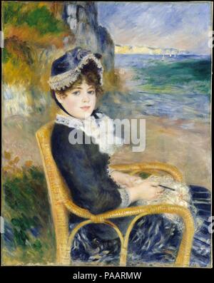 Sulla riva del mare. Artista: Auguste Renoir (francese, Limoges 1841-1919 Cagnes-sur-Mer). Dimensioni: 36 1/4 x 28 1/2 in. (92,1 x 72,4 cm). Data: 1883. Renoir probabilmente dipinto questo lavoro nel suo studio, ponendo il suo modello e futura moglie, Aline Charigot, in una sedia di vimini. La spiaggia dietro di lei probabilmente rappresenta la costa della Normandia nei pressi di Dieppe. Questa tela riflette l'impatto del Renoir il viaggio in Italia nel 1881-82, che lo hanno ispirato a unire il 'grandezza e semplicità" ha ammirato in arte rinascimentale con la luminosità dell'Impressionismo. Il suo nuovo approccio, che ha chiamato il suo 'asciutto' modo è evidente in Al Foto Stock