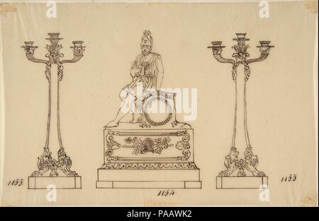 Design per un set di candelieri e un orologio. Artista: Anonimo, francese del XIX secolo. Dimensioni: foglio: 5 7/8 x 9 1/8 in. (15 x 23,2 cm). Data: del XIX secolo. Museo: Metropolitan Museum of Art di New York, Stati Uniti d'America. Foto Stock