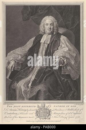 Il Molto Reverendo Thomas aringa, Arcivescovo di Canterbury. Artista: Dopo William Hogarth (British, Londra Londra 1697-1764). Dimensioni: foglio: 16 5/8 x 11 7/16 in. (42,3 x 29 cm). Incisore: Bernard Baron (francese, Parigi 1696-1762 Londra). Editore: S. Austen (Londra). Sitter: Thomas Aringa (British, 1693-1757). Data: 1750. Museo: Metropolitan Museum of Art di New York, Stati Uniti d'America. Foto Stock