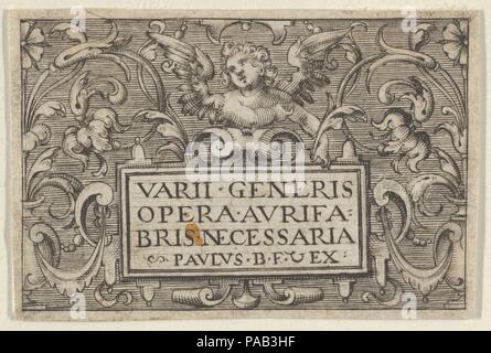 Pagina titolo, da Varii Generis Aurifabris opera necessaria. Artista: Paolo Birckenhultz (1561-1639). Dimensioni: foglio: 1 5/16 × 1 15/16 in. (3,4 × 4,9 cm). Data: ca. 1600. Pagina titolo con il titolo su una placca in basso al centro e un putto alato sopra, circondato da foliate scorre. Da una serie di sei piastre con tratteggiate orizzontalmente gli sfondi. Secondo la Berliner, gli sfondi delle piastre in questa serie sono state ulteriormente oscurato in una data successiva. Museo: Metropolitan Museum of Art di New York, Stati Uniti d'America. Foto Stock