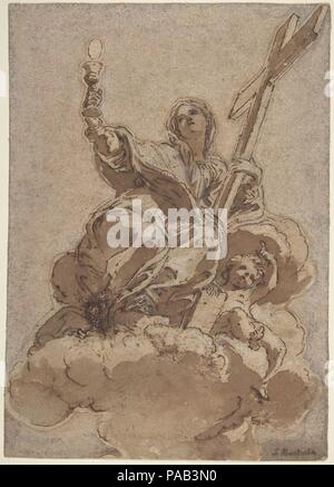 Figura allegorica della fede. Artista: Giovanni Battista Gaulli (Il Baciccio) (italiano, Genova Roma 1639-1709). Dimensioni: 9-1/8 x 6-7/16 in. (23,1 x 16,3 cm). Data: 1672. Baciccio progettato gli affreschi nella volta di Santa Marta al Collegio Romano a Roma circa 1672. La decorazione è stato concepito come una serie di tre tondi, ciascuno incorniciato da pennacchi con le personificazioni di virtù. Questo studio è per una delle figure allegoriche, la fede. Il disegno è stato identificato da Maria Vittoria Brugnoli (1966: vedere qui 'Riferimenti') come Gaulli's studio per la figura allegorica della fede che viene visualizzata in una Foto Stock