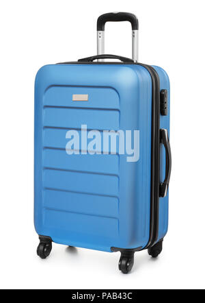 Blu valigia in plastica isolato su bianco Foto Stock