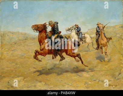 Il mio Bunkie. Artista: Charles Schreyvogel (1861-1912). Dimensioni: 25 3/16 x 34a. (64 x 86,4 cm) incorniciato: 33 3/8 x 47 5/8 x 4a. (84,8 x 121 x 10,2 cm). Data: finito 1899. Schreyvogel, come Remington, basato le sue raffigurazioni dei cowboy e cavalleggeri su una combinazione di esperienza diretta maschile e fantasia di evasione. Tra il 1893 e il 1905 egli ha fatto frequenti visite presso gli stati occidentali e territori indiani di raccolta e manufatti militari per la dettagliata autenticamente dipinti da lui prodotta nella sua Hoboken, New Jersey, studio. 'My Bunkie' raffigura un evento descritto per Schreyvogel da un veter Foto Stock