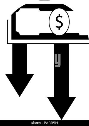 Crisi finanziaria icona bianco nero. Denaro banconota del dollaro e le frecce verso il basso. Illustrazione Vettoriale Illustrazione Vettoriale