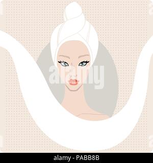 Bella donna di mantenere i capelli avvolti in un asciugamano. SPA DESIGN banner modello,disegnato a mano illustrazione vettoriale. Illustrazione Vettoriale