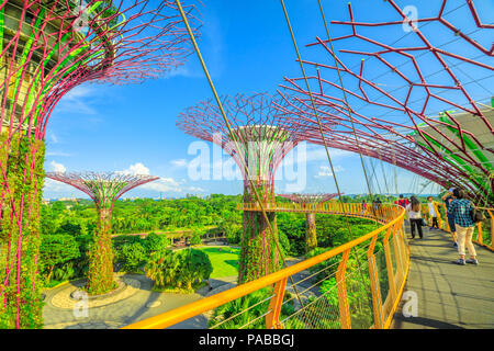 Singapore - Aprile 29, 2018: persone camminando sul ponte sopraelevato o OCBC Skyway di Supertree Grove in giardini dalla baia di Marina Bay a Singapore. Famosa attrazione turistica in area di Marina Bay, Singapore Foto Stock