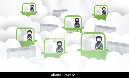 Donna aziona un verde auto in Arabia Saudita sul cloud. Arab adulto ottenere una patente di guida. Illustrazione Vettoriale design nel piatto e carta tagliata stile. Illustrazione Vettoriale
