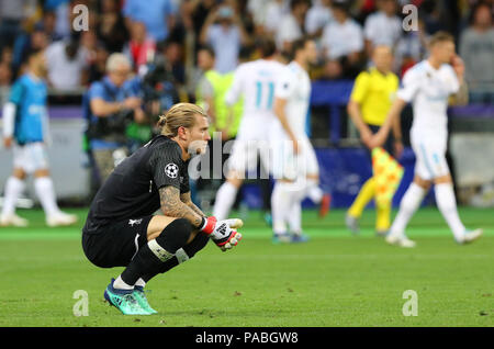 Kiev, Ucraina - 26 Maggio 2018: il portiere Loris Karius di Liverpool reagisce dopo aver perso un obiettivo durante la finale di UEFA Champions League 2018 partita contro Foto Stock