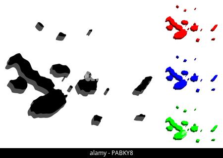 Mappa 3D di isole Galapagos (Archipielago de Colon) - nero, rosso, blu e verde - illustrazione vettoriale Illustrazione Vettoriale