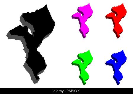 Mappa 3D del Mozambico (Repubblica del Mozambico) - nero, rosso, viola, blu e verde - illustrazione vettoriale Illustrazione Vettoriale