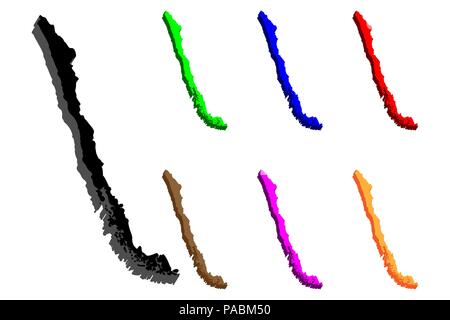 Mappa 3D di Cile (Repubblica del Cile) - nero, rosso, viola, marrone, blu, arancione e verde - illustrazione vettoriale Illustrazione Vettoriale