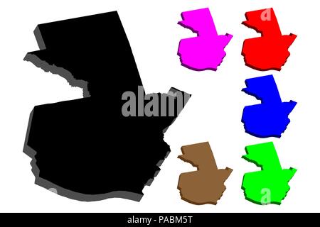 Mappa 3D di Guatemala (Repubblica del Guatemala) - nero, rosso, blu, viola, marrone e verde - illustrazione vettoriale Illustrazione Vettoriale