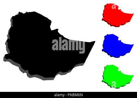 Mappa 3D di Etiopia (Repubblica federale democratica d'Etiopia, Corno d Africa) - nero, rosso, blu e verde - illustrazione vettoriale Illustrazione Vettoriale