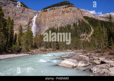 Le Cascate di Takakkaw nel Parco Nazionale di Yoho durante una vibrante soleggiata giornata estiva. Situato in British Columbia, Canada. Foto Stock