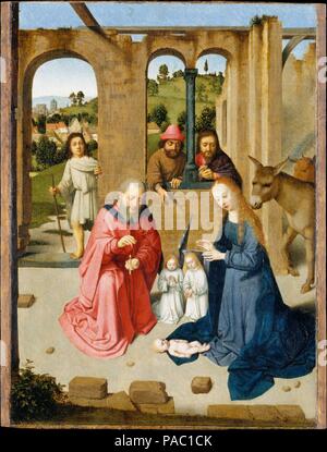 La natività. Artista: Gerard David (Netherlandish, Oudewater ca. 1455-1523 Bruges). Dimensioni: complessivamente 18 3/4 x 13 1/2 in. (47,6 x 34,3 cm), superfici verniciate 18 1/2 x 13 3/8 in. (47 x 34 cm). Data: primi 1480s. Questo dipinto, che molto probabilmente è stato inteso come un singolo privato pannello devozionale, combina la raffigurazione della Natività e adorazione dei pastori come descritto in entrambi biblica e letteratura mistica. Essa risale probabilmente fin dai primi 1480s, prima di David si è stabilito a Bruges. Gli accoglienti e ingenuo figura tipi e la semplificazione geometrica dei capi di Vir Foto Stock