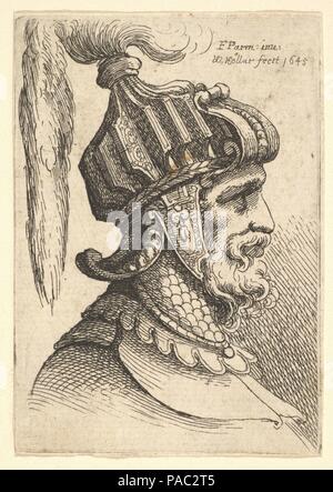 Helmeted testa. Artista: Dopo Parmigianino (Girolamo Francesco Maria Mazzola) (italiano, Parma 1503-1540 Casalmaggiore). Dimensioni: Piastra: 2 11/16 × 1 7/8 in. (6,9 × 4,8 cm) margini di thread in luoghi. Incisore: Wenceslaus Hollar (boemo, Praga 1607-1677 Londra). Serie/Portfolio: Helmeted capi nel profilo sei piastre. Data: 1645. Una mezza età guerriero con i baffi e barba mostrato busto-lunghezza in profilo a destra.. Dopo Parmigianino. Museo: Metropolitan Museum of Art di New York, Stati Uniti d'America. Foto Stock