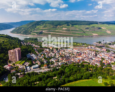 Vista aerea, vista di Nahe e Bimgen sul Reno, frazione sul Reno, regione Bingen, Renania-Palatinato, Germania Foto Stock