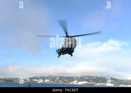 160308-N-AH771-068 NAMSOS fiordo, Norvegia (8 marzo 2016) olandese un elicottero NH90 si prepara ad atterrare sul ponte di volo a bordo del Whidbey Island-class dock landing ship USS Fort McHenry (LSD 43). Fort McHenry partecipa attualmente in esercizio di risposta a freddo 2016 che è una biennale Norwegian invitational prove che le forze armate di' la capacità di operare a temperature molto basse. (U.S. Foto di Marina di Massa Specialista comunicazione marinaio apprendista Daniel C. Coxwest/rilasciato) Foto Stock