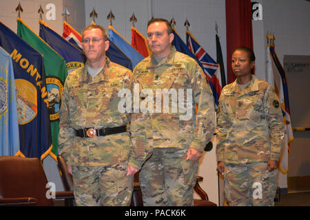 Da sinistra a destra, Briga. Gen. Steven W. Ainsworth, il 94th Training Division commander, il comando Sgt. Il Mag. Arlindo Almeida, senior in uscita sottufficiale, 94th TD e il comando Sgt. Il Mag. Sharon Campbell, il 94th TD è di nuovo il comando sergente maggiore, durante un cambiamento o responsabilità cerimonia, dove Campbell divenne la divisione del primo comando femmina sergente maggiore Marzo 18, 2016. Foto Stock