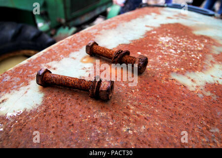Due viti arrugginite su una superficie arrugginito Foto Stock