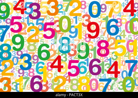 Numeri colorati su sfondo bianco. Distribuite in modo casuale i numeri di sovrapposizione. Simbolo per la numerologia o un flusso di dati. Uno a zero disorganizzato. Foto Stock