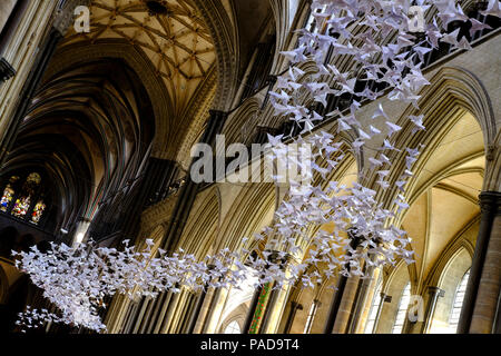 Salisbury, Regno Unito. 22 luglio 2018 l'ultimo giorno dell'arte exhitbition. Artista Michael Pendry creato il Les Colombes opere d'arte. Circa tremila origami uccelli sono stati condizionati in un edificio a diffondere la speranza e positività. Credito: © pcp/ Alamy Stock Photo (Default)/Alamy Live News Foto Stock