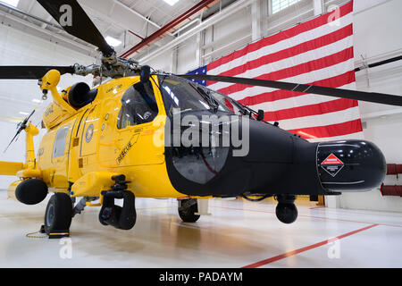 La guardia costiera della stazione aria Cape Cod svela il suo dipinto in giallo MH-60 elicottero Jayhawk Venerdì, Marzo 25, 2016 nell'aria della stazione di hangar. Il giallo Jayhawk è uno dei sei appositamente dipinta Coast Guard MH-60s indossare il "ritorno" giallo cromo vernice schema per celebrare i cento anni di Coast Guard aviation. Stati Uniti Coast Guard foto di Sottufficiali di 2a classe di Cynthia Oldham Foto Stock