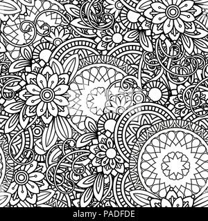 Disegnato a mano modello senza cuciture con foglie e fiori. Scarabocchi ornamento floreale. In bianco e nero di elementi decorativi. Perfetto per la carta da parati, adulti libri da colorare, pagina web background e texture di superficie. Illustrazione Vettoriale