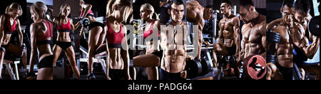 Bodybuilding, eseguire esercizi con peso in palestra, panorama orizzontale, collage di foto Foto Stock