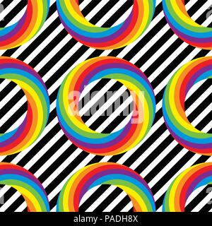 Vector pattern senza soluzione di continuità di colorati rotondi cerchi ruota con luminosi colori dell'arcobaleno in bianco e nero a strisce diagonali sfondo Illustrazione Vettoriale