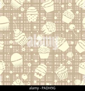 Vector cupcake seamless pattern con diverse tortine, bacche e fiori su sfondo di attraversato linee rette Illustrazione Vettoriale