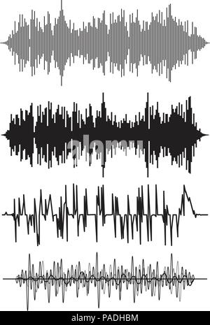 Vettore sfondo musicale di suono audio onde a impulsi, equalizzatore frequenza vocale, in bianco e nero insieme Illustrazione Vettoriale