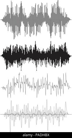 Vettore sfondo musicale di suono audio onde a impulsi, equalizzatore frequenza vocale, in bianco e nero insieme Illustrazione Vettoriale