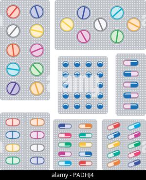 Set di vettore di pillole, capsule e compresse in blister, piatto icone, farmacia e simboli di farmaco su sfondo bianco Illustrazione Vettoriale