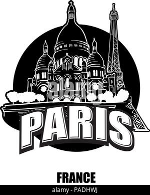 Parigi, Francia, il nero e il logo bianco per stampe di alta qualità. Disegnato a mano disegno vettoriale. Illustrazione Vettoriale