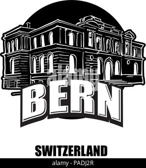 Bern, Svizzera, nero e il logo bianco per stampe di alta qualità. Disegnato a mano disegno vettoriale. Illustrazione Vettoriale