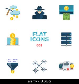 E Cryptocurrency Blockchain piatto icone vettoriali. Illustrazione Vettoriale