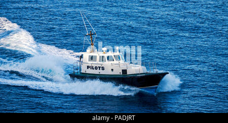 Barca pilota spostandosi lungo l'acqua area del porto di Nassau, Bahamas. Foto Stock