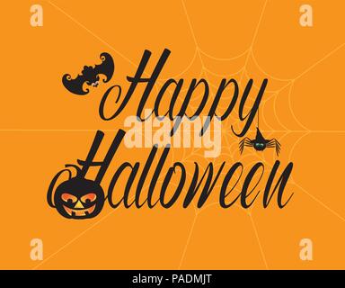 Happy Halloween testo biglietto di auguri con bat zucca jack-o-lantern spider web nero su sfondo arancione illustrazione Illustrazione Vettoriale